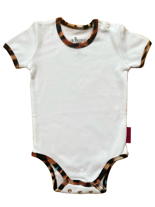 SHORT SLEEVE WHITE LEO VS TIGER BABY BODYSUIT